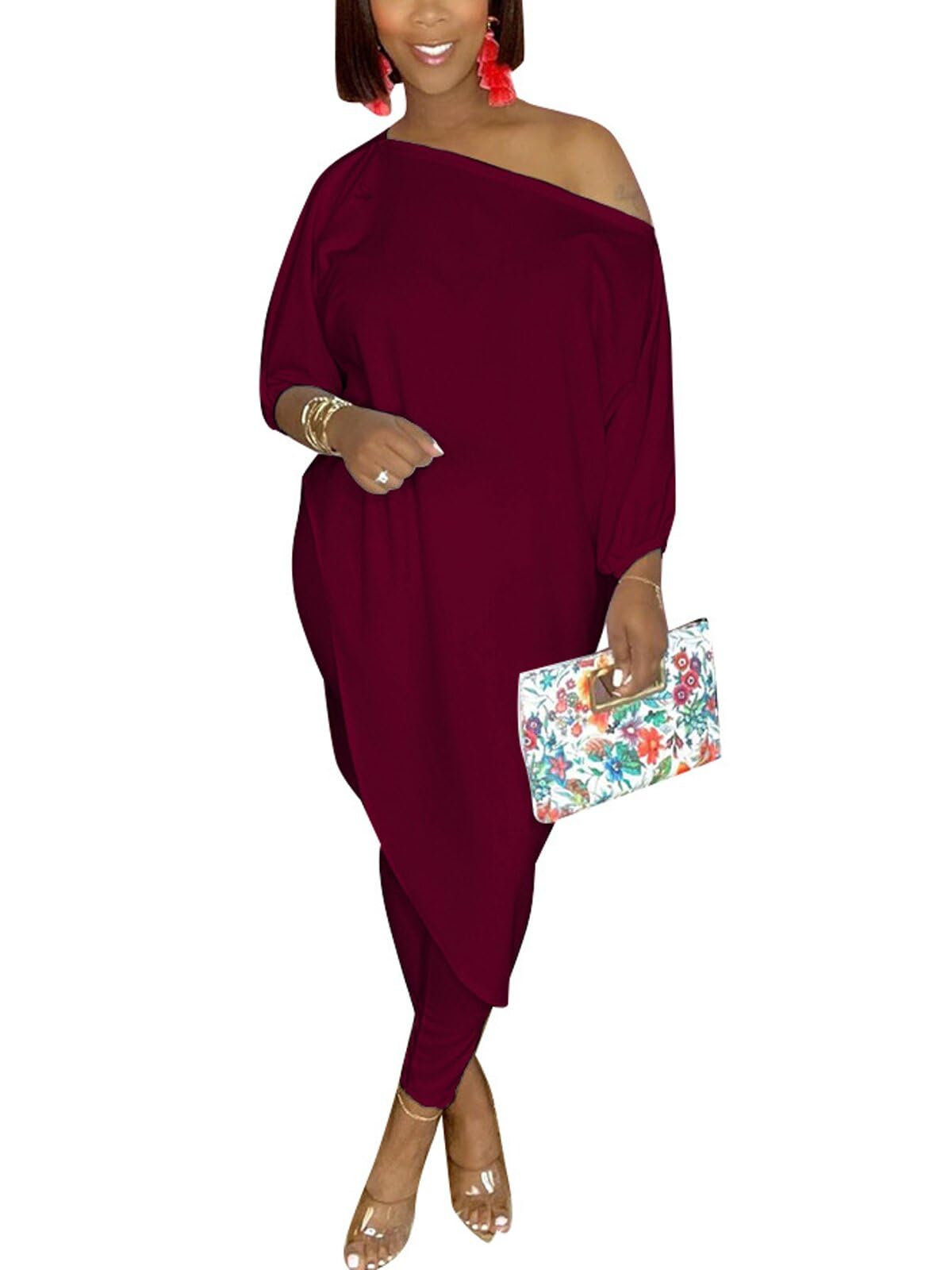 Chatinction Womens Casual 2 Piece Outfit Loose Off Shoulder Irregular Hem Tunic Top Bodycon Pants Tracksuits Set