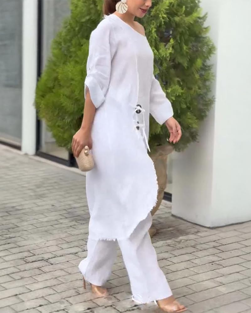CHICME Women 2 Piece Outfits Cold Shoulder Long Sleeve Top Wide Leg Pants Linen Matching Lounge Set