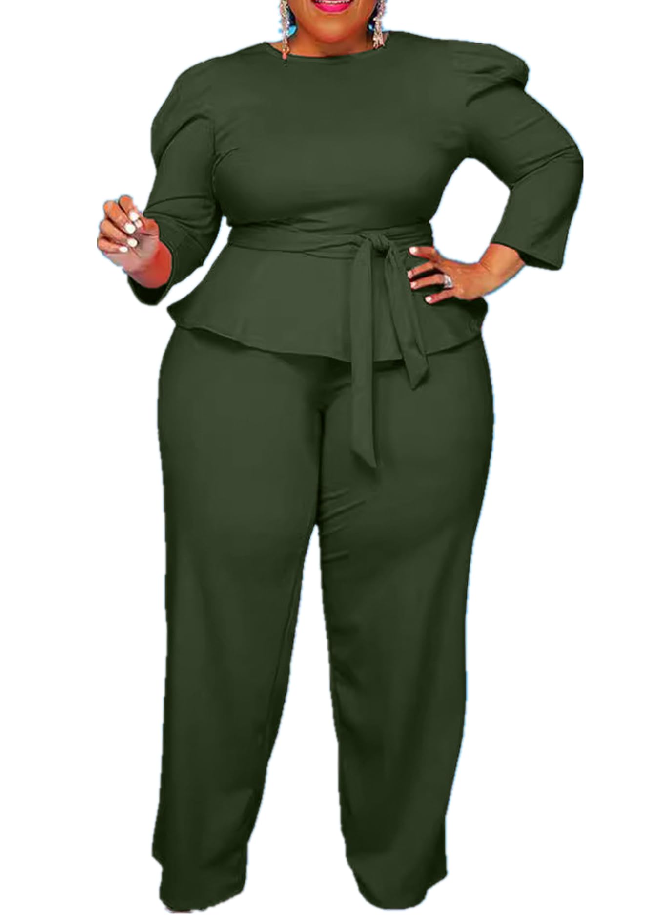 MRSFITOK Plus Size 2 Piece Wide Leg Pants Set for Women Casual Long Sleeve Shirt Long Pant Sets Sexy With Belt