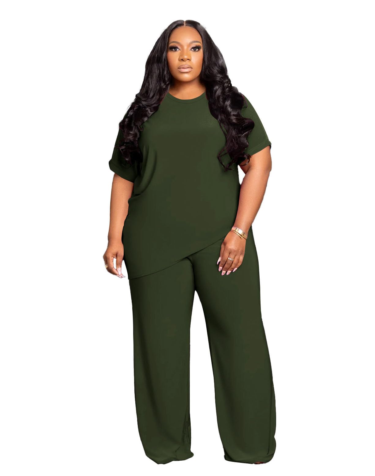 Tycorwd Women's Plus Size Two Piece Outfits Sweatsuits Sets Casual Short Sleeve Tops Loose Wide Leg Pants Tracksuit Sets