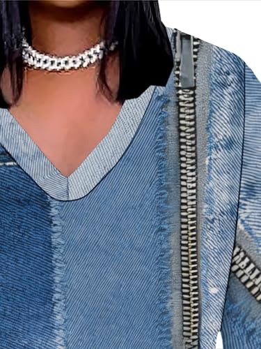 SUZONANA Womens Plus Size 3D Denim-Print Fashion Maxi Dresses Casual Soft Tshirt Dress