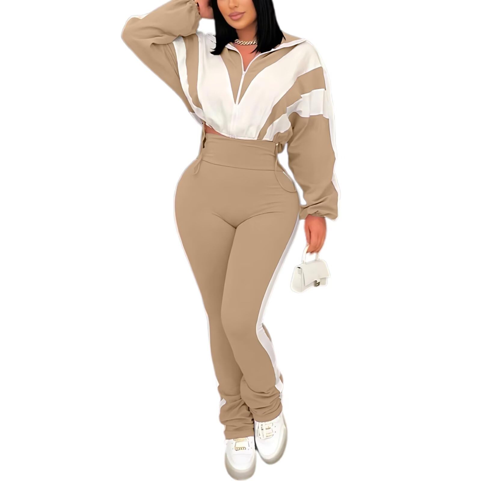 Remelon Womens 2 Piece Set Sweatsuit Color Block Long Sleeve Zip Up Cropped Jacket Legging Pants Set Tracksuit Jogger Outfits