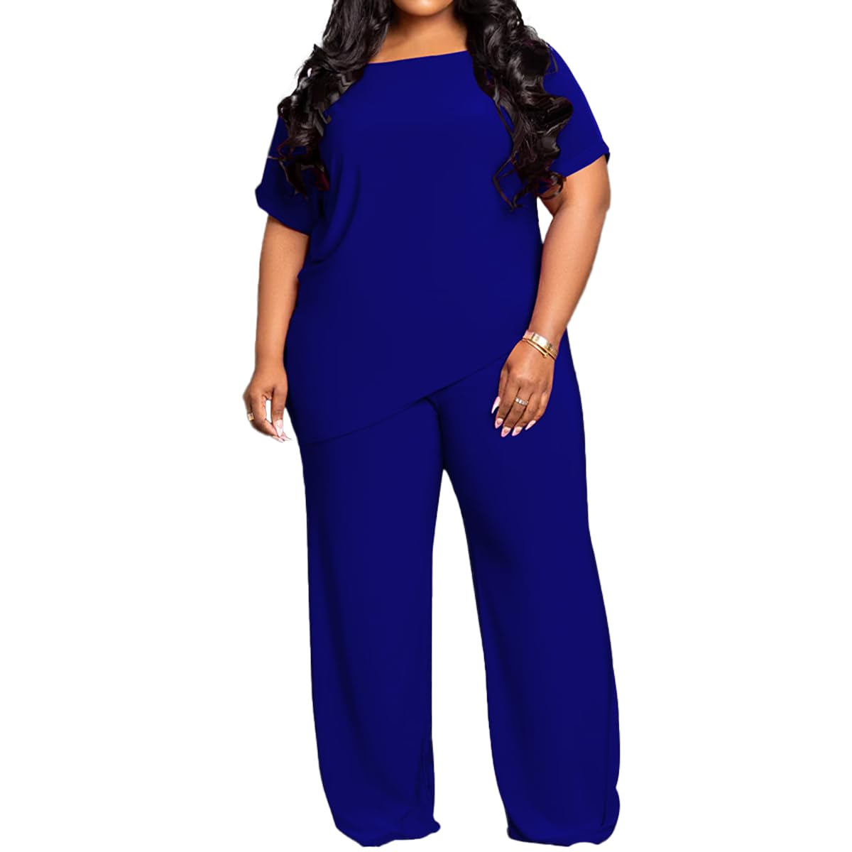 TOPSRANI Womens Plus Size Two Piece Outfits Sweatsuits Casual Tracksuit Short Sleeve Loose Baggy Wide Leg Long Pants Sets