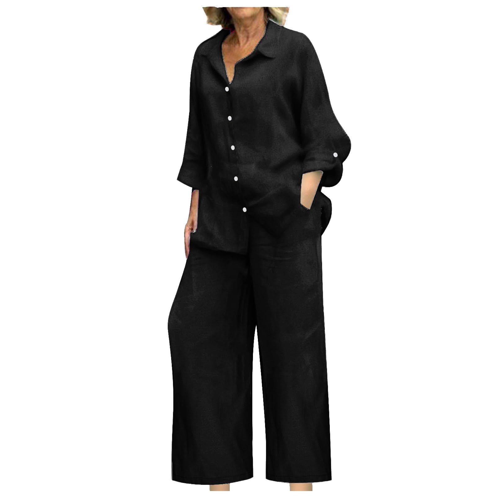 BAOQIN Linen Sets for Women 2 Piece - Womens Long Sleeve Button Down Shirts Summer Wide Leg Breathable Cotton Linen Pants Set