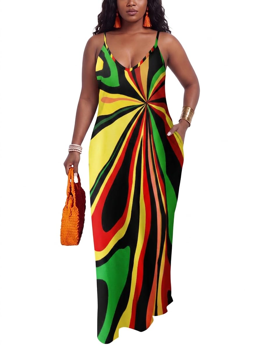 PerZeal Women's Summer Casual Maxi Dresses Sexy Floor Length V-Neck Spaghetti Strap Sleeveless Colorful Sundresses Plus Size