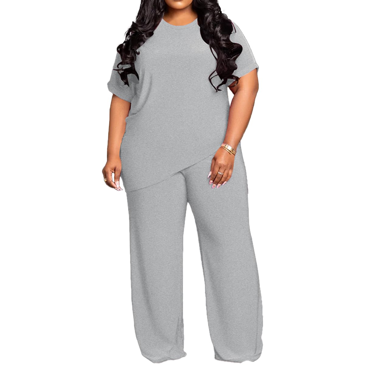 TOPSRANI Womens Plus Size Two Piece Outfits Sweatsuits Casual Tracksuit Short Sleeve Loose Baggy Wide Leg Long Pants Sets