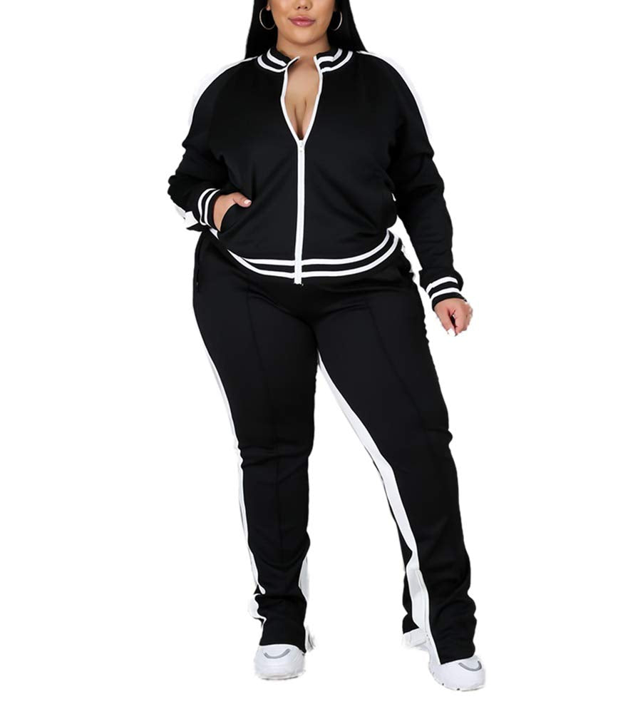 Ophestin Womens Plus Size 2 Piece Tracksuits Outfit Long Sleeve Jacket Skinny Sweatpants Set