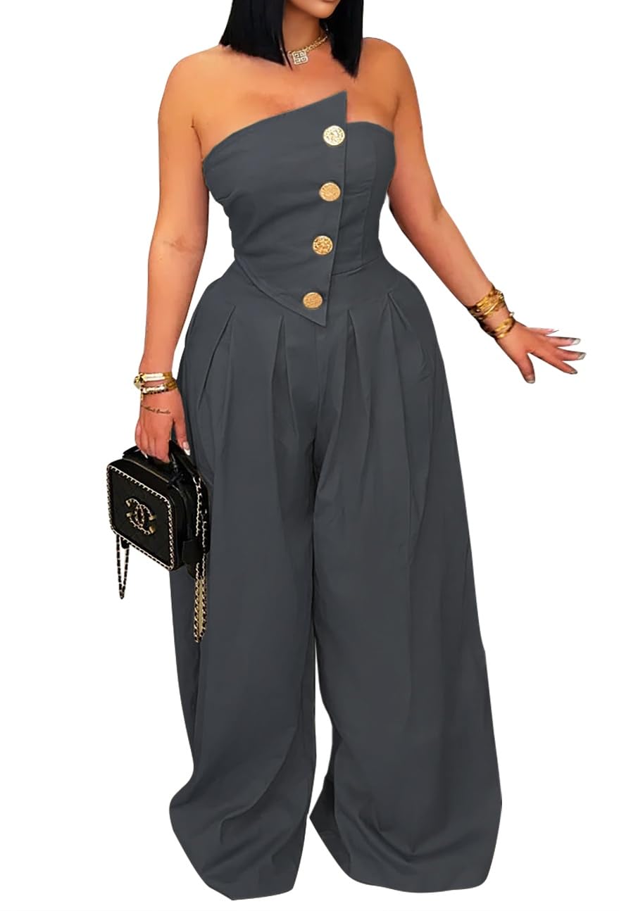 BOKITECAO Womens Cargo Jumpsuit Sexy Strapless One Piece Outfit Off Shoulder Top Ruched Wide Leg Rompers Overalls