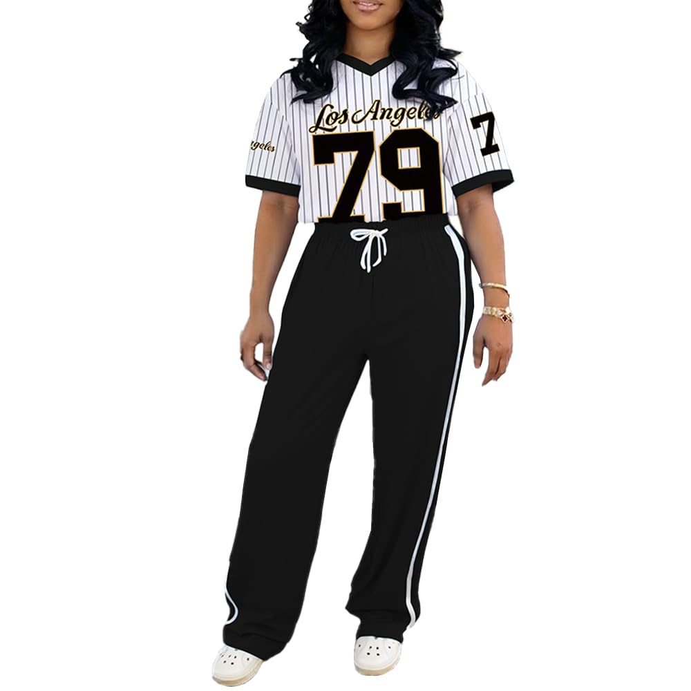 PINSV 2 Piece Sets for Women Summer Casual Outfits Jersey Shirts and High Waisted Pants Sets