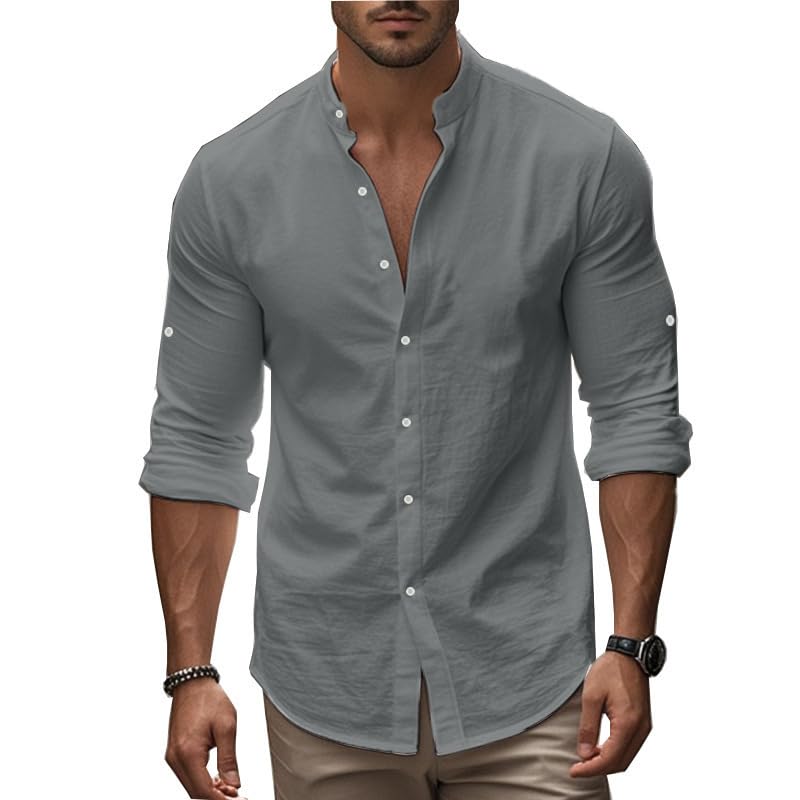 Men's Long Sleeve Button Down Shirts 2026 Trendy Henley Neck Linen Shirts Regular Fit Summer Beach Vacation Tops