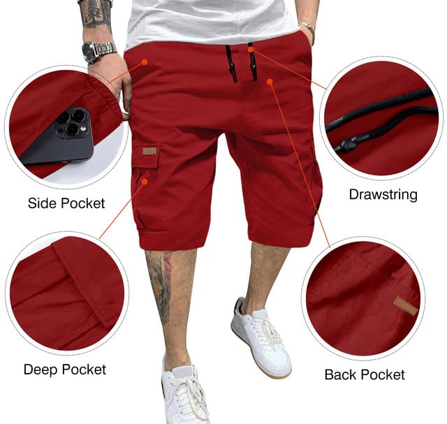 JMIERR Mens Casual Cotton Twill Cargo Shorts Drawstring Classic Chino Stretch Short with 6 Pockets
