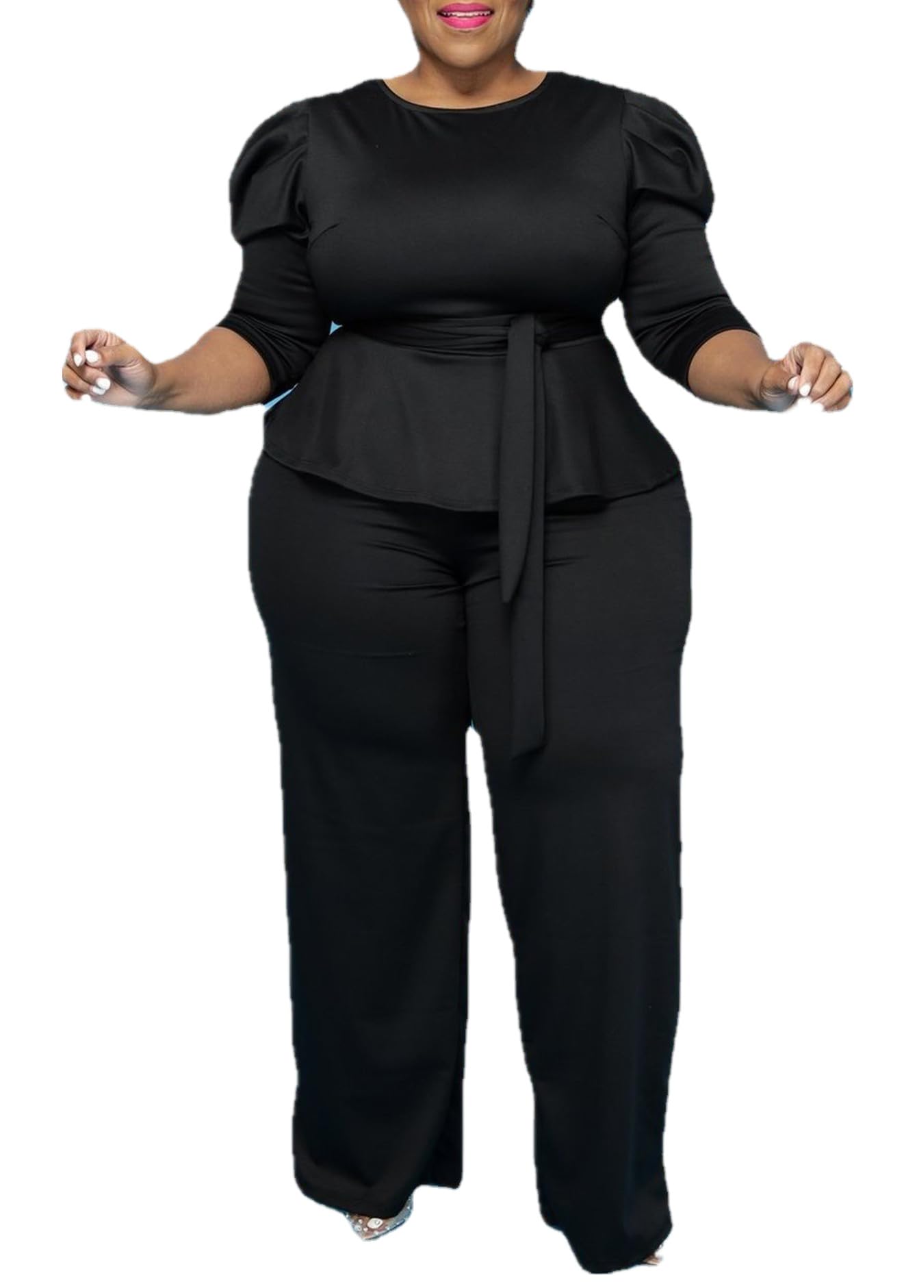 MRSFITOK Plus Size 2 Piece Wide Leg Pants Set for Women Casual Long Sleeve Shirt Long Pant Sets Sexy With Belt