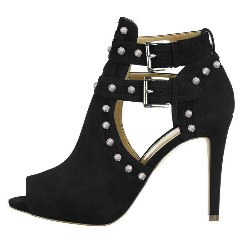 XYD Women Chic Studs Peep Toe Ankle Bootie High Heel Pumps Buckled Double Straps Cutout Fashion Party Shoes