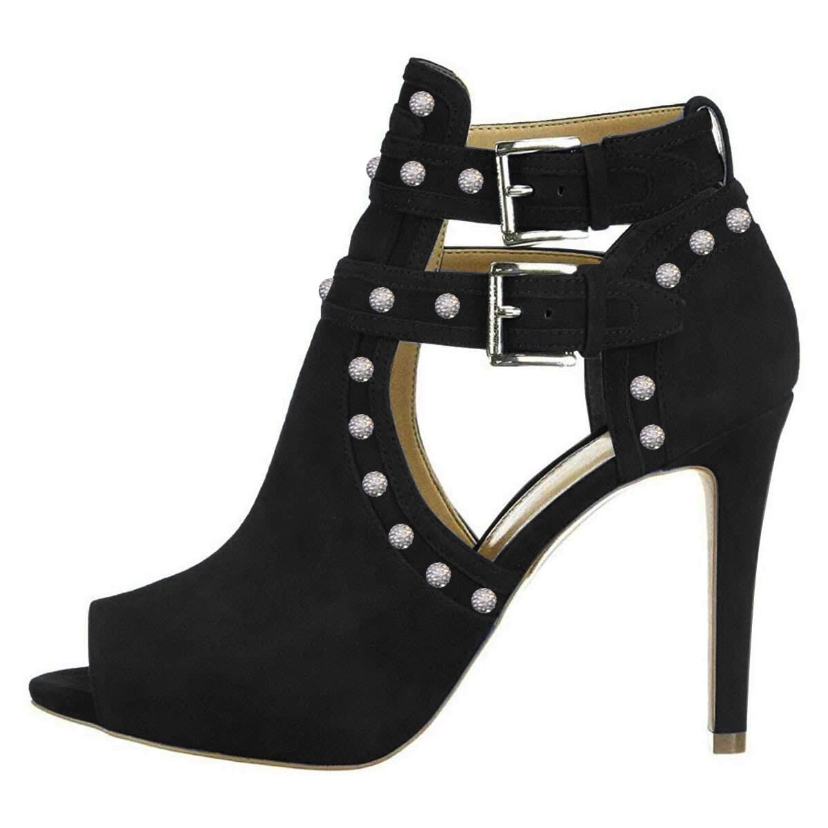 XYD Women Chic Studs Peep Toe Ankle Bootie High Heel Pumps Buckled Double Straps Cutout Fashion Party Shoes
