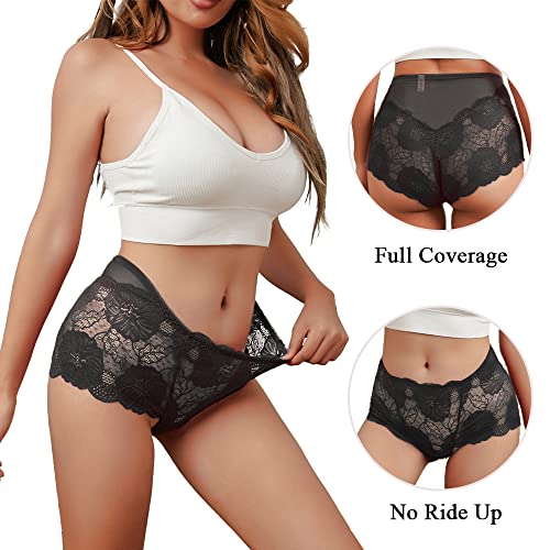 PHOLEEY Womens Sexy Underwear Lace Panties High Waisted Plus Size Ladies Brief for Women 5-Pack