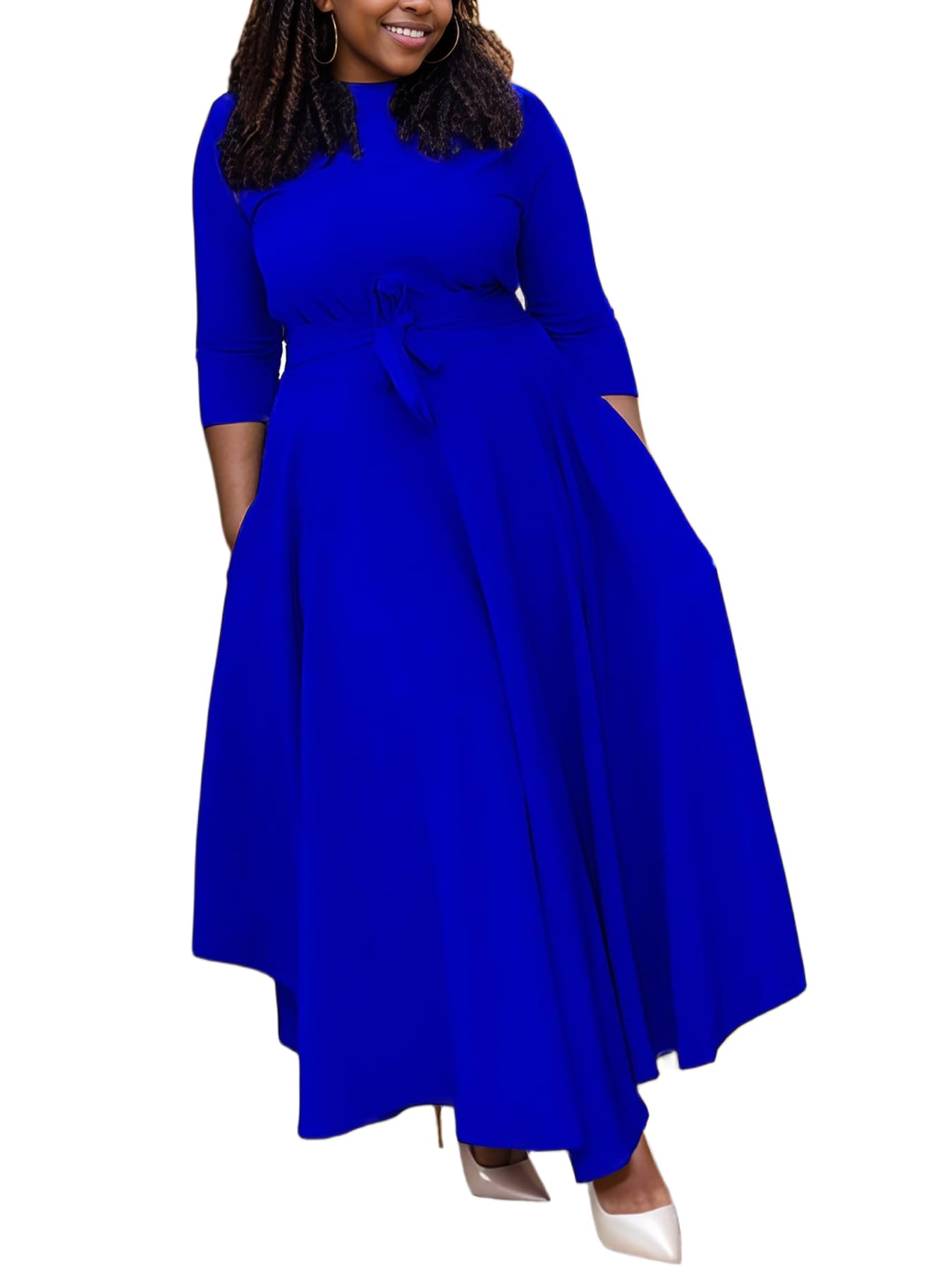 Baczoe Plus Size Dress for Curvy Women Stretch Self Tie A-Line Maxi Dress with Pockets Swing Long Outfit