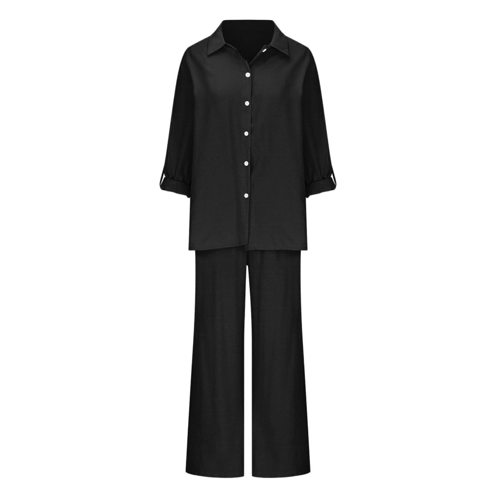 BAOQIN Linen Sets for Women 2 Piece - Womens Long Sleeve Button Down Shirts Summer Wide Leg Breathable Cotton Linen Pants Set