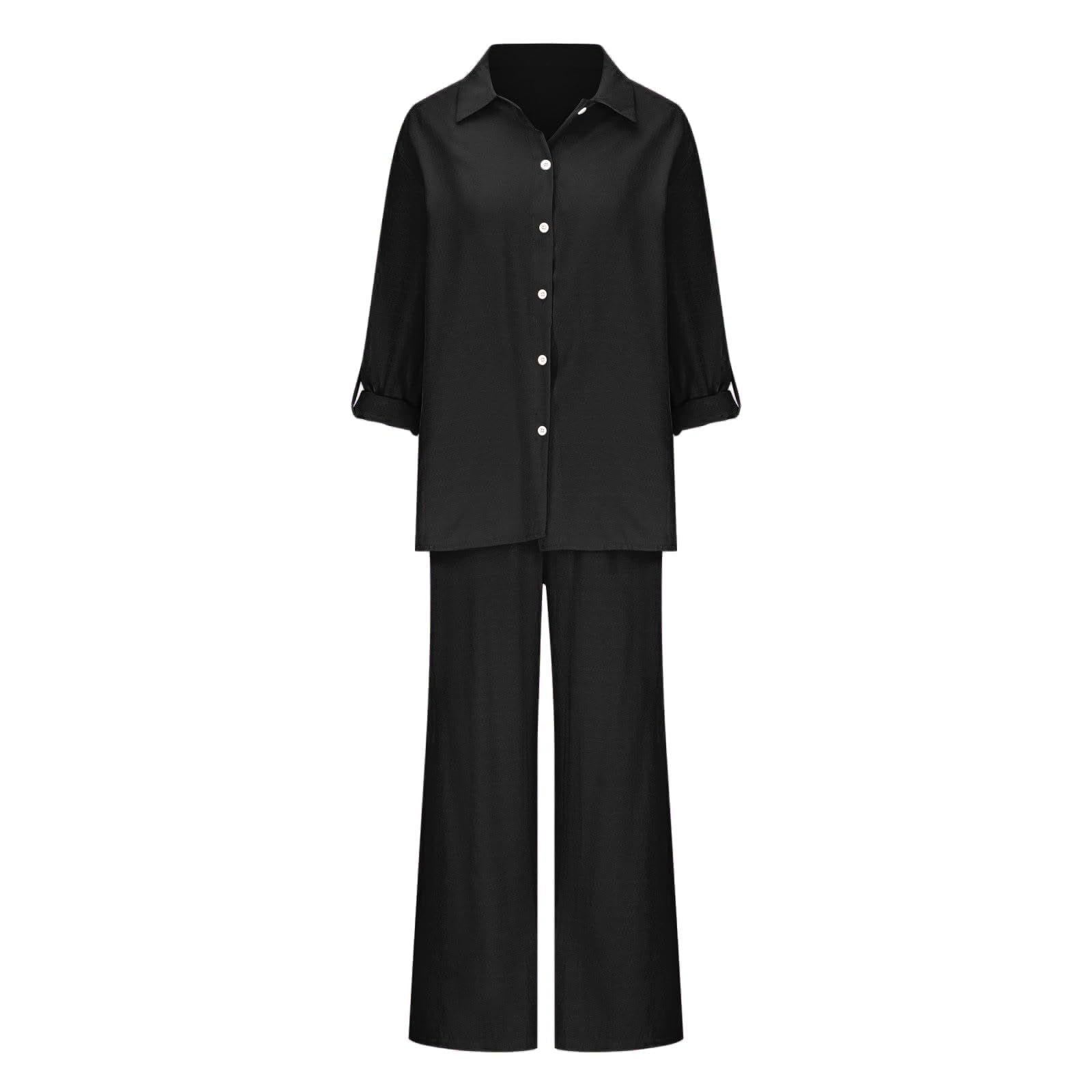 BAOQIN Linen Sets for Women 2 Piece - Womens Long Sleeve Button Down Shirts Summer Wide Leg Breathable Cotton Linen Pants Set