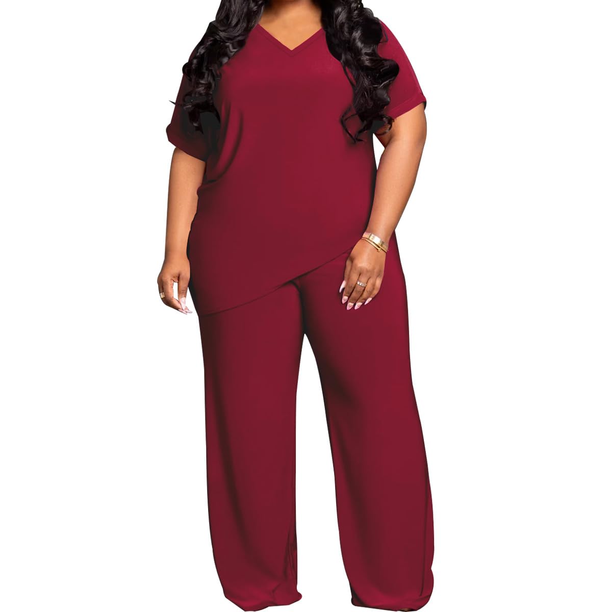 TOPSRANI Womens Plus Size Two Piece Outfits Sweatsuits Casual Tracksuit Short Sleeve Loose Baggy Wide Leg Long Pants Sets