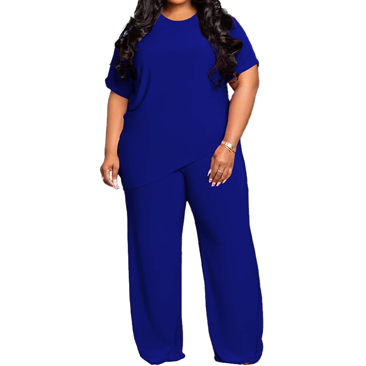 TOPSRANI Womens Plus Size Two Piece Outfits Sweatsuits Casual Tracksuit Short Sleeve Loose Baggy Wide Leg Long Pants Sets
