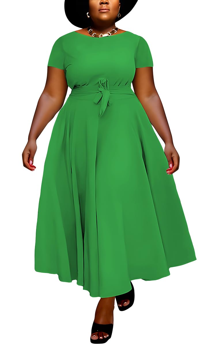 BFFBABY Plus Size Dress A Line Dresses for Women Summer Long Dresses with Sleeve Casual Belted