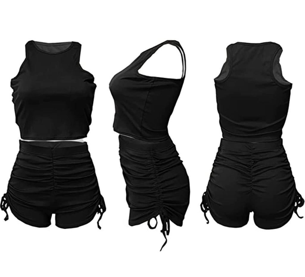 PYAEAS Summer Two Piece Outfits for Women, Casual Stretchy Ribbed Tank Crop Top Ruched Shorts Set Workout Tracksuits