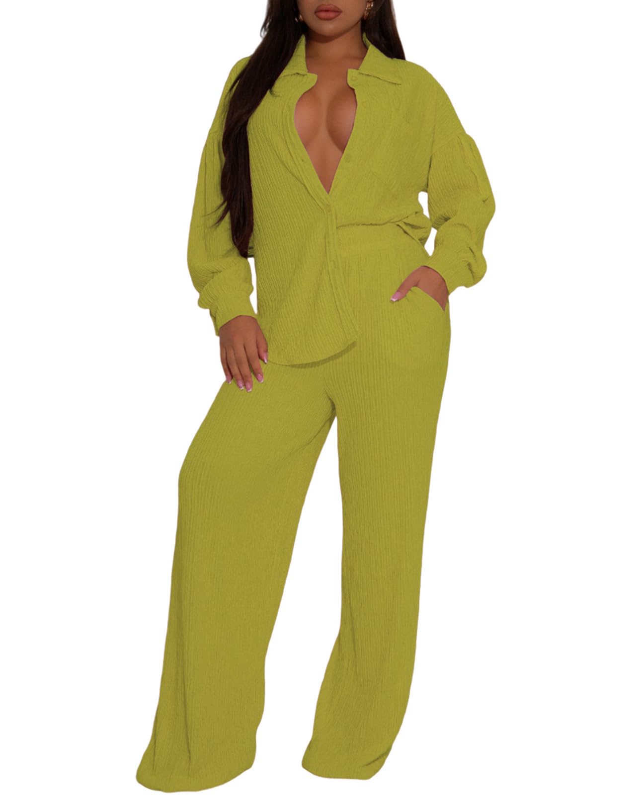 Ophestin Women 2 Piece Dressy Outfits Casual Pleated Long Sleeve Button Down Shirt Wide Leg Pants Loungewear Matching Sets