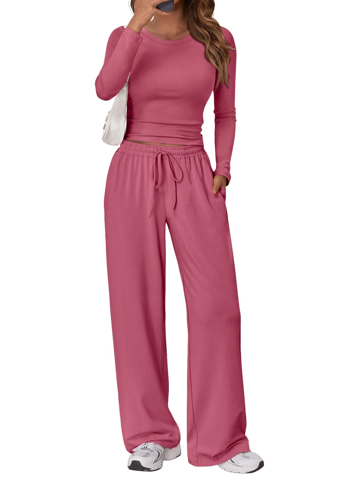 Trendy Queen Women's 2 Piece Matching Lounge Set Long Sleeve Side Ruching Top Wide Leg Drawstring Pants Set with Pockets