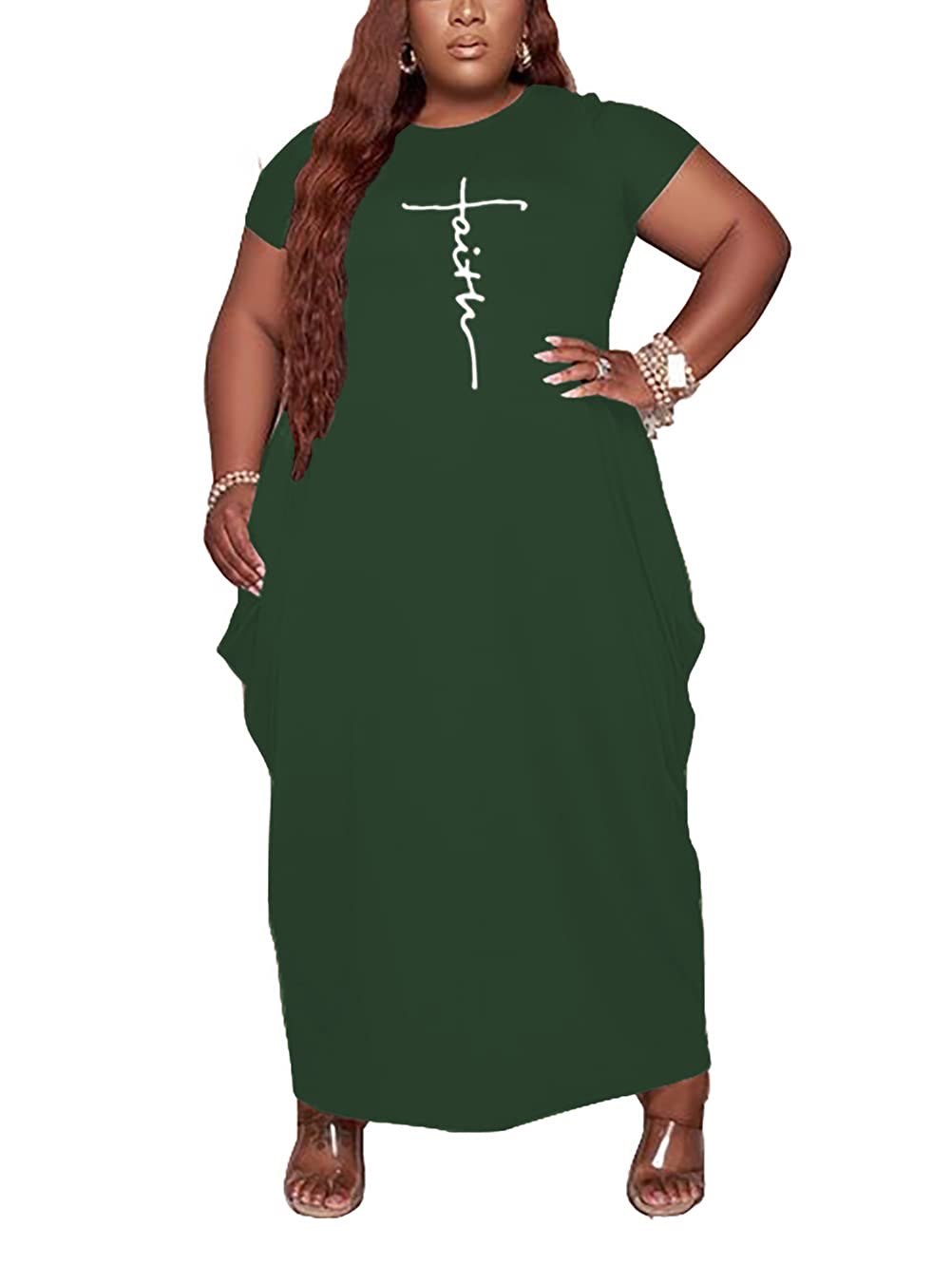 AIIYYQB Women's Summer Plus Size Short Sleeved Long Dress Casual Loose Faith Beach Maxi Dress with Pockets