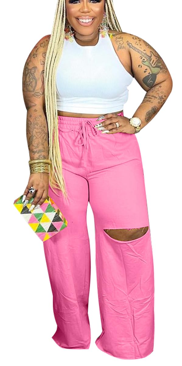 2 Piece Outfits for Women Pure Color Sleeveless Ribbed Knit Tank Top Ripped Wide Legs Long Pants Tracksuit Sport Set