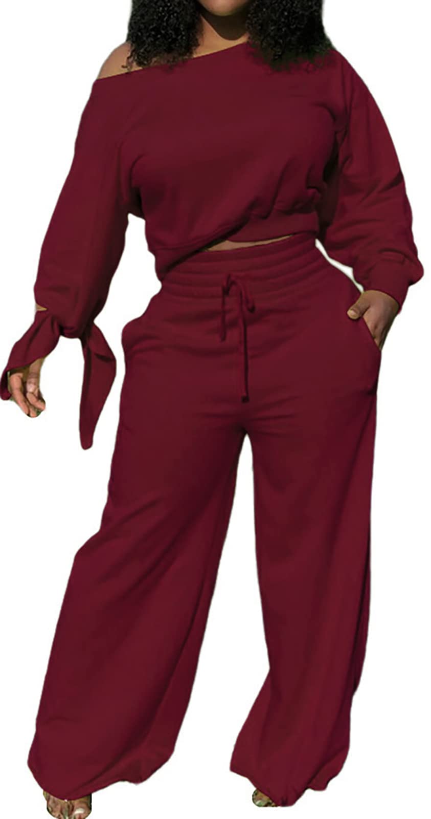 sexycherry Casual 2 Piece Outfits for Women Long Sleeve Sweatsuit Jogging Straight Long Pants Sets with Pockets