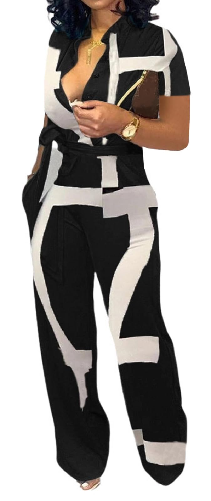 SeNight Women's Jumpsuits Elegant Business Casual Button Down V Neck Long Sleeve Strap Straight Long Pants With Pockets