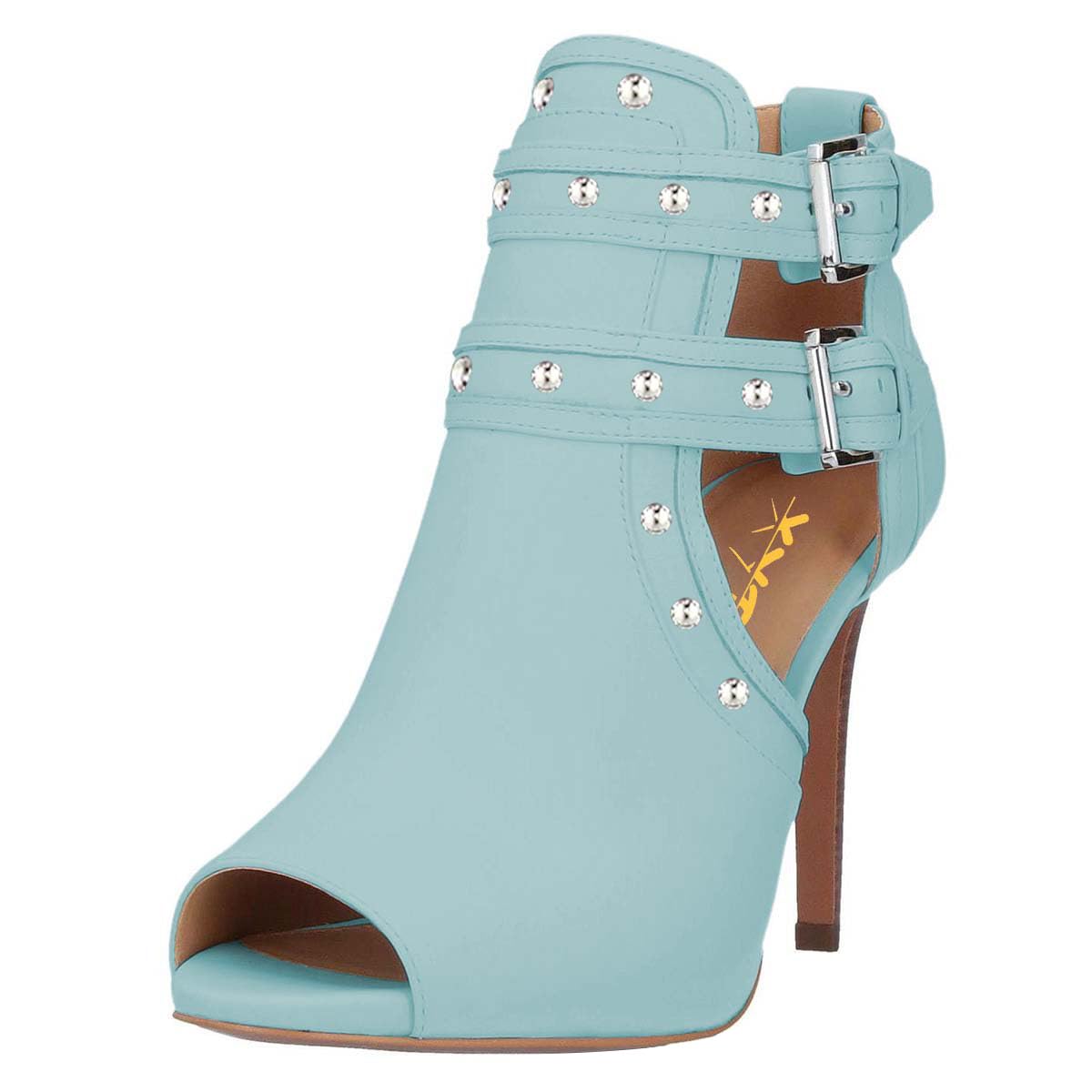 XYD Women Chic Studs Peep Toe Ankle Bootie High Heel Pumps Buckled Double Straps Cutout Fashion Party Shoes