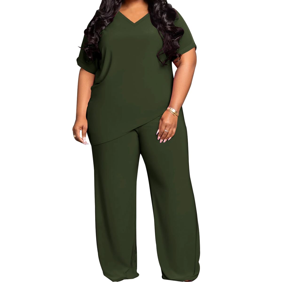 TOPSRANI Womens Plus Size Two Piece Outfits Sweatsuits Casual Tracksuit Short Sleeve Loose Baggy Wide Leg Long Pants Sets