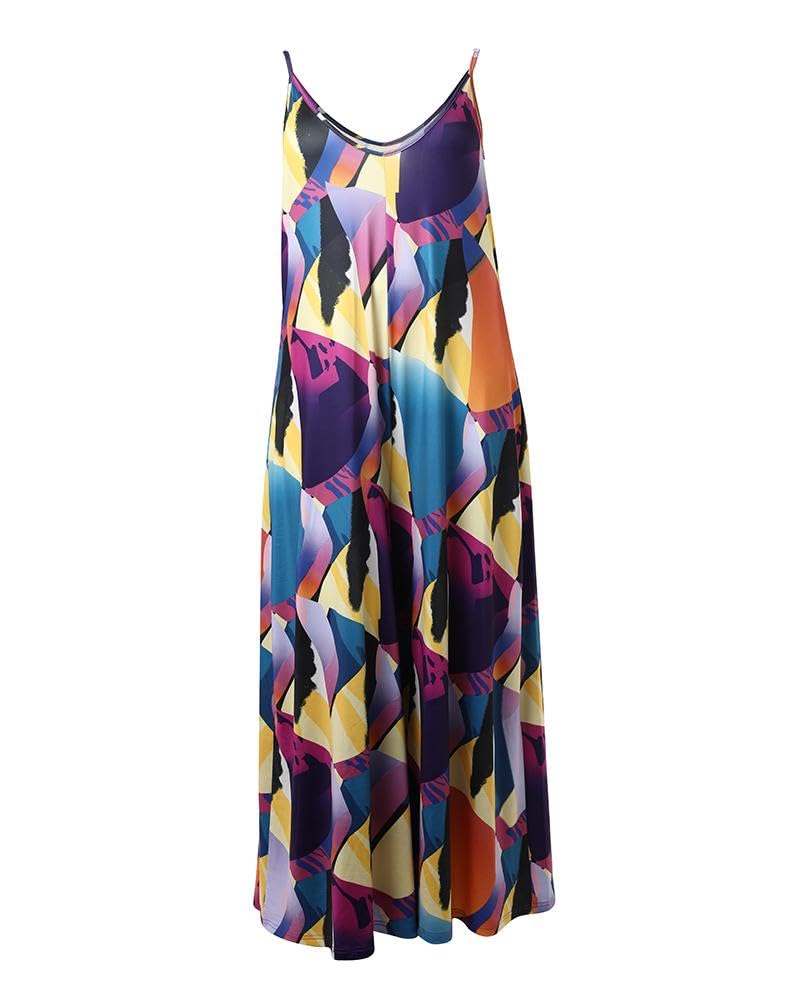Womens Plus Size Abstract Graphic Jumpsuits with Pockets Spaghetti Strap Wide Leg Pants Loose Fit Casual Long Rompers