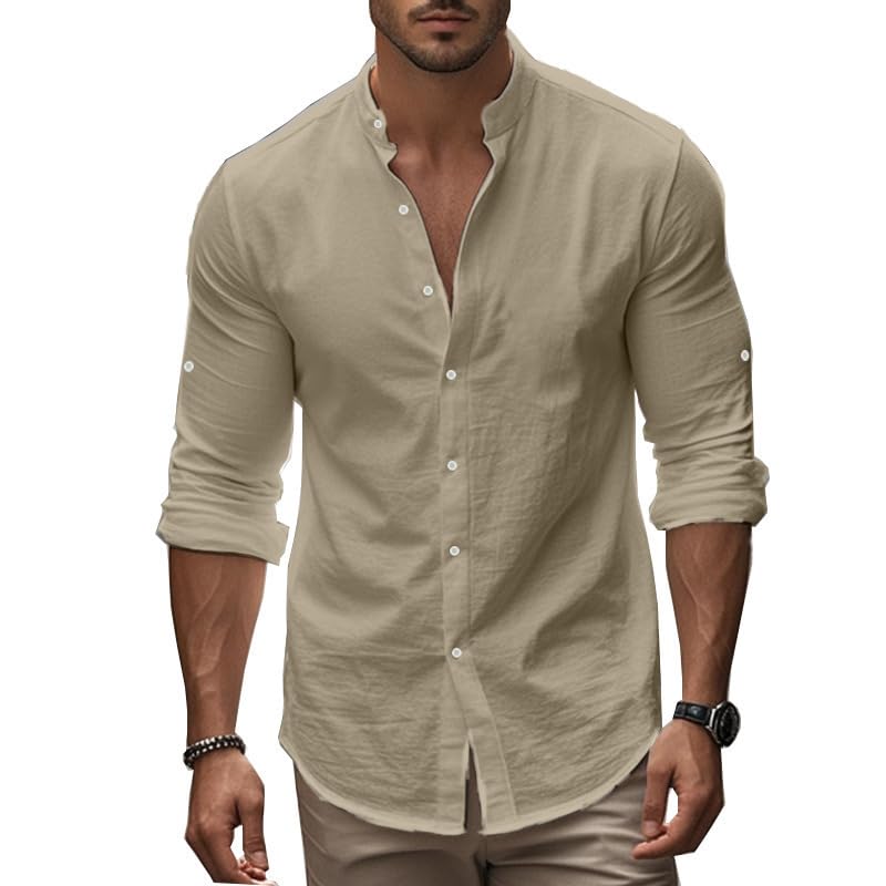 Men's Long Sleeve Button Down Shirts 2026 Trendy Henley Neck Linen Shirts Regular Fit Summer Beach Vacation Tops