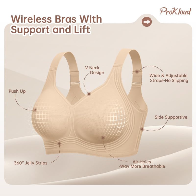 ProKloud Jelly Bras for Women No Underwire Wireless Bra with Support and Lift Full Coverage Plus Size Comfy Seamless Bra