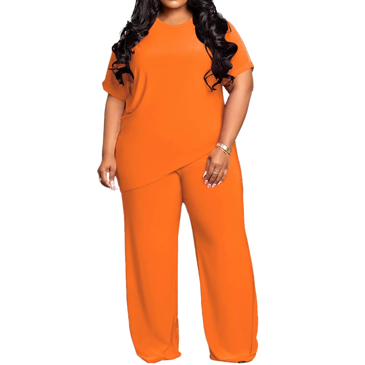 TOPSRANI Womens Plus Size Two Piece Outfits Sweatsuits Casual Tracksuit Short Sleeve Loose Baggy Wide Leg Long Pants Sets