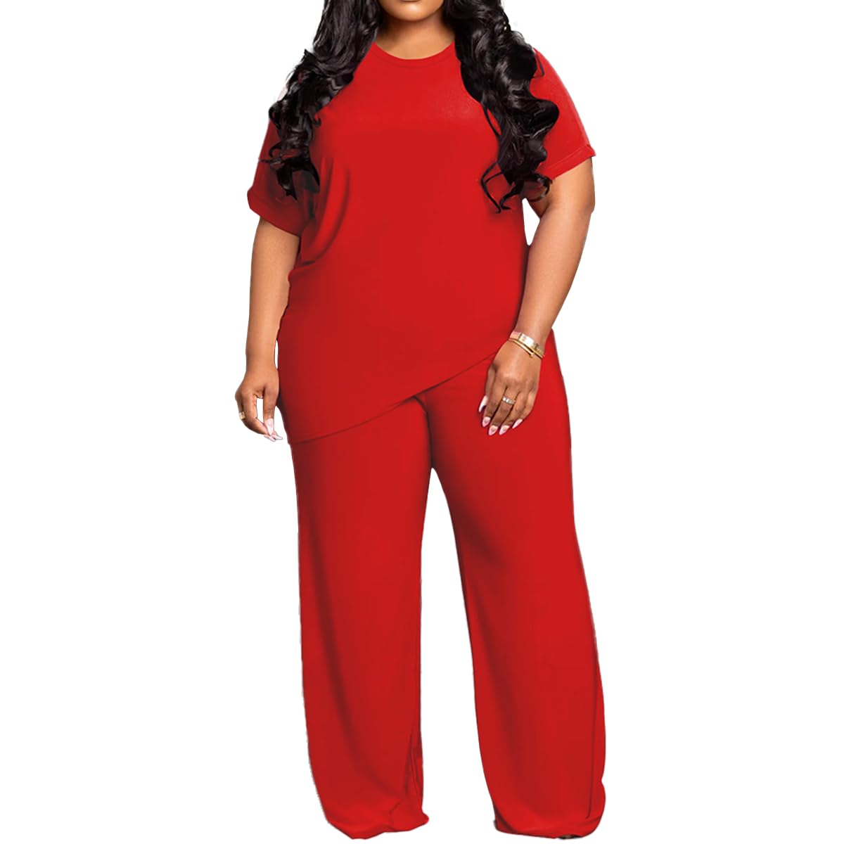 TOPSRANI Womens Plus Size Two Piece Outfits Sweatsuits Casual Tracksuit Short Sleeve Loose Baggy Wide Leg Long Pants Sets