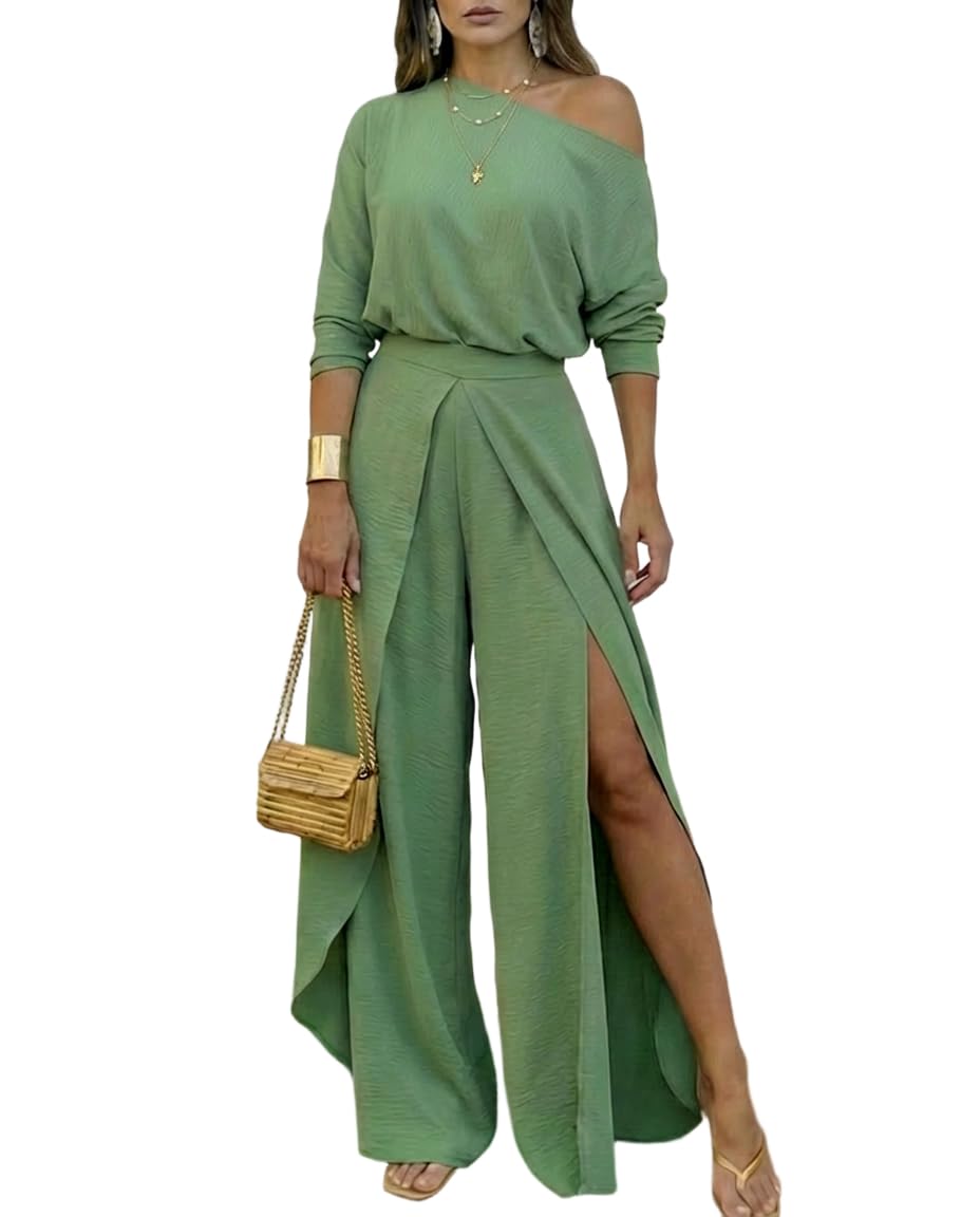 CHICME Women Summer 2 Piece Outfits Off Shoulder Batwing Sleeve Top Flowy Slit Wide Leg Pants Sets Travel Matching Set