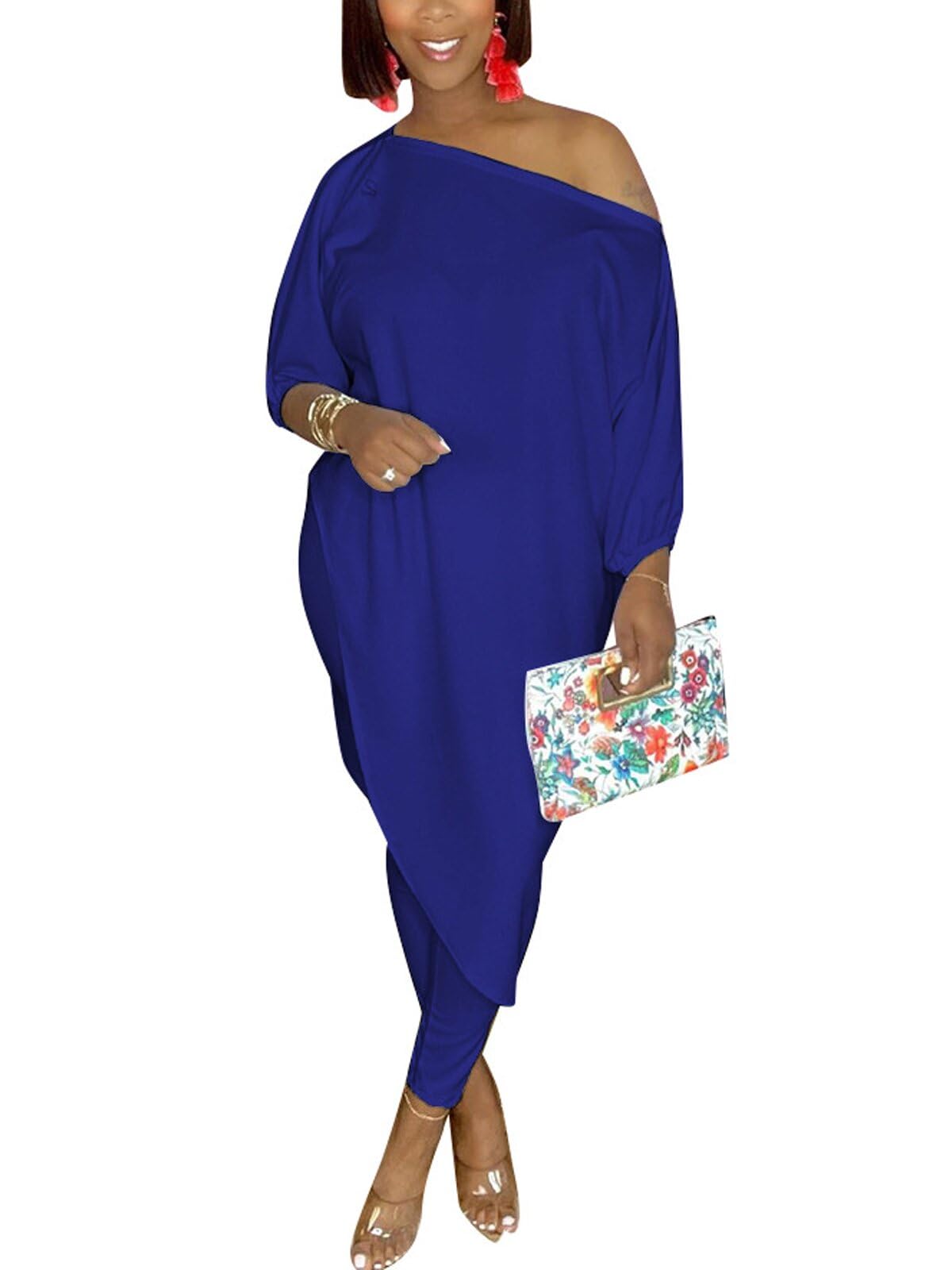 Chatinction Womens Casual 2 Piece Outfit Loose Off Shoulder Irregular Hem Tunic Top Bodycon Pants Tracksuits Set
