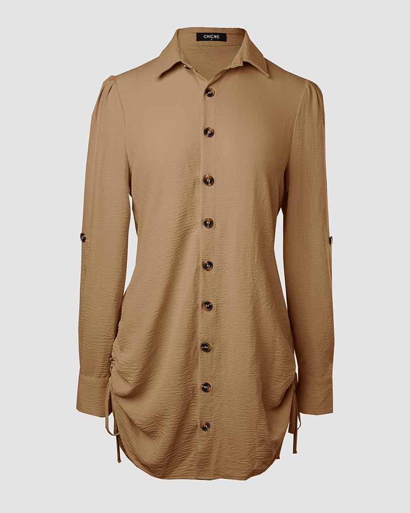 CHICME Women Shirt Dress Long Sleeve Button Down Blouses Side Drawstring Mini Dresses