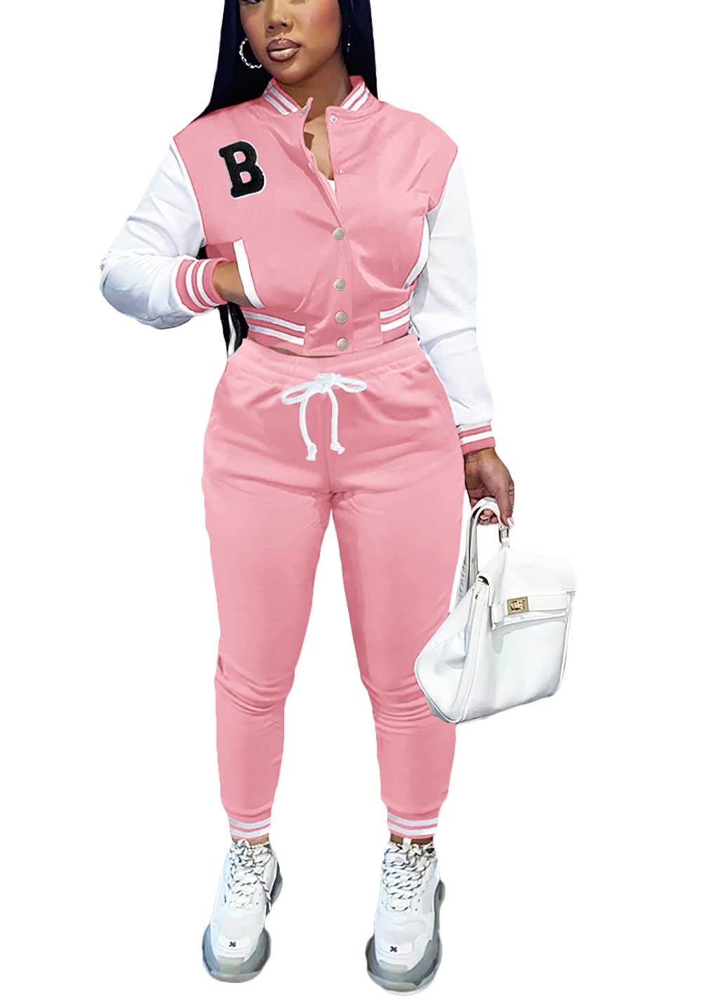 Fooullaide Women's Varsity Jacket Sweatsuit 2 Piece Tracksuit Crop Top Button Down Letterman Jackets Pants Sets