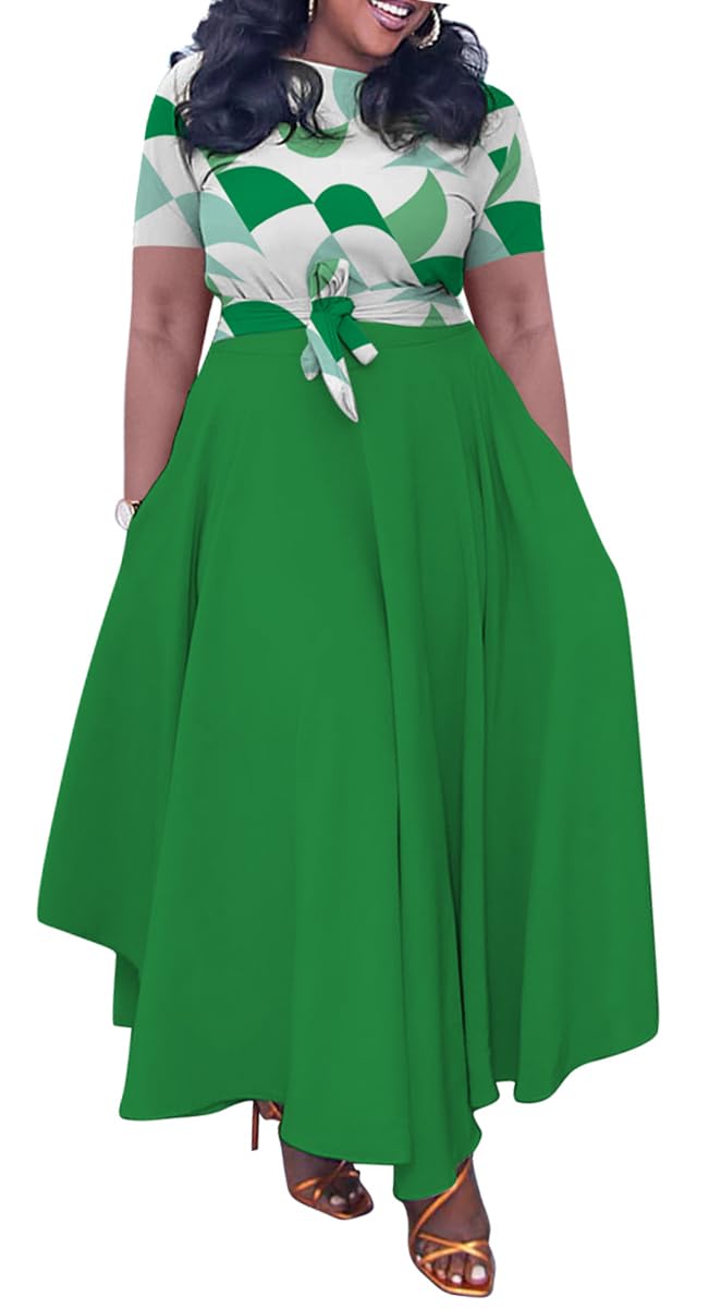 BFFBABY Plus Size Dress A Line Dresses for Women Summer Long Dresses with Sleeve Casual Belted