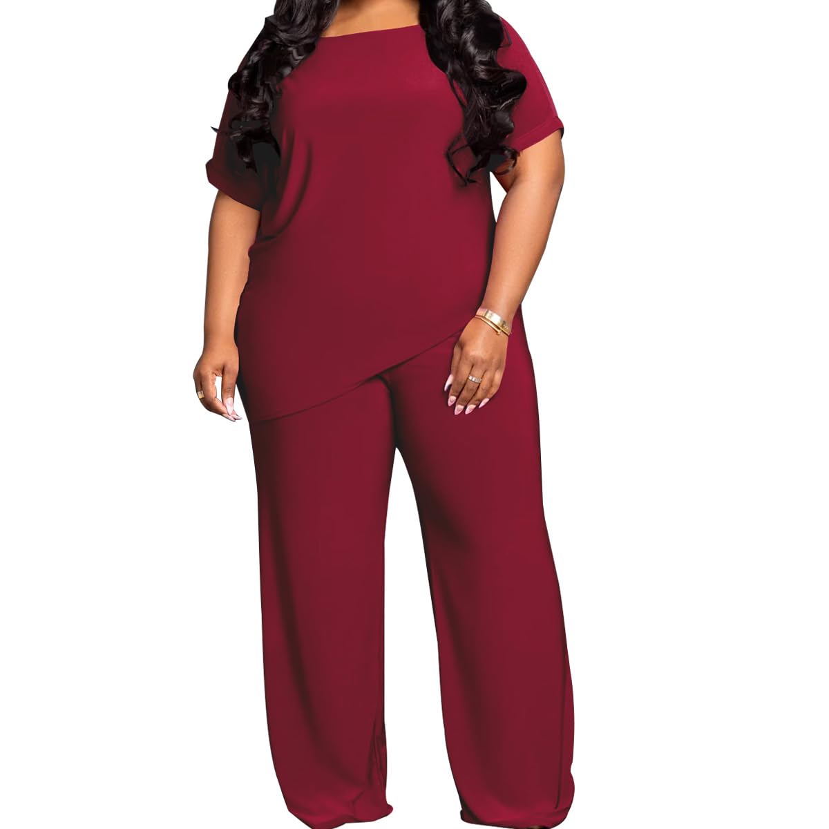 TOPSRANI Womens Plus Size Two Piece Outfits Sweatsuits Casual Tracksuit Short Sleeve Loose Baggy Wide Leg Long Pants Sets