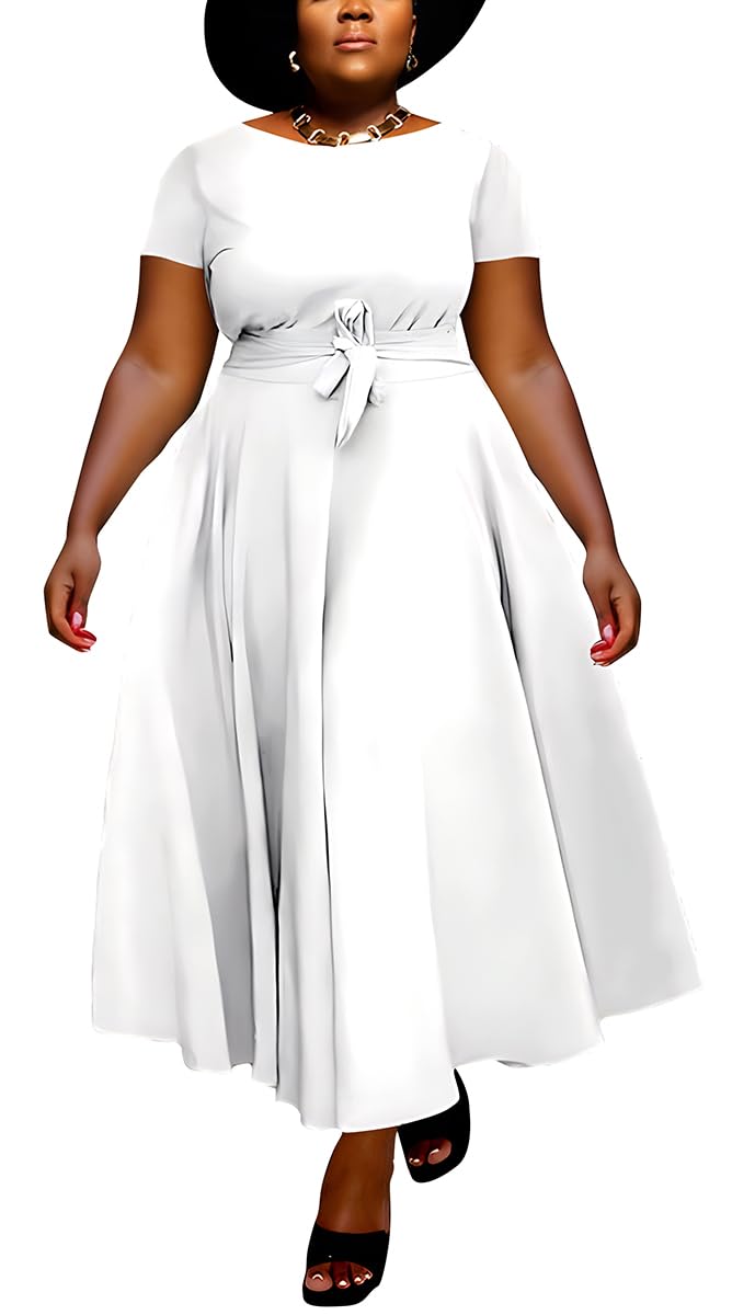 BFFBABY Plus Size Dress A Line Dresses for Women Summer Long Dresses with Sleeve Casual Belted