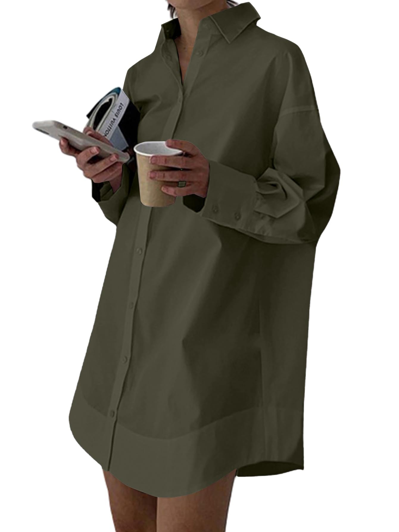 LYANER Women's Casual Shirt Dress Collar V Neck Button Down Loose Long Sleeve Mini Dresses