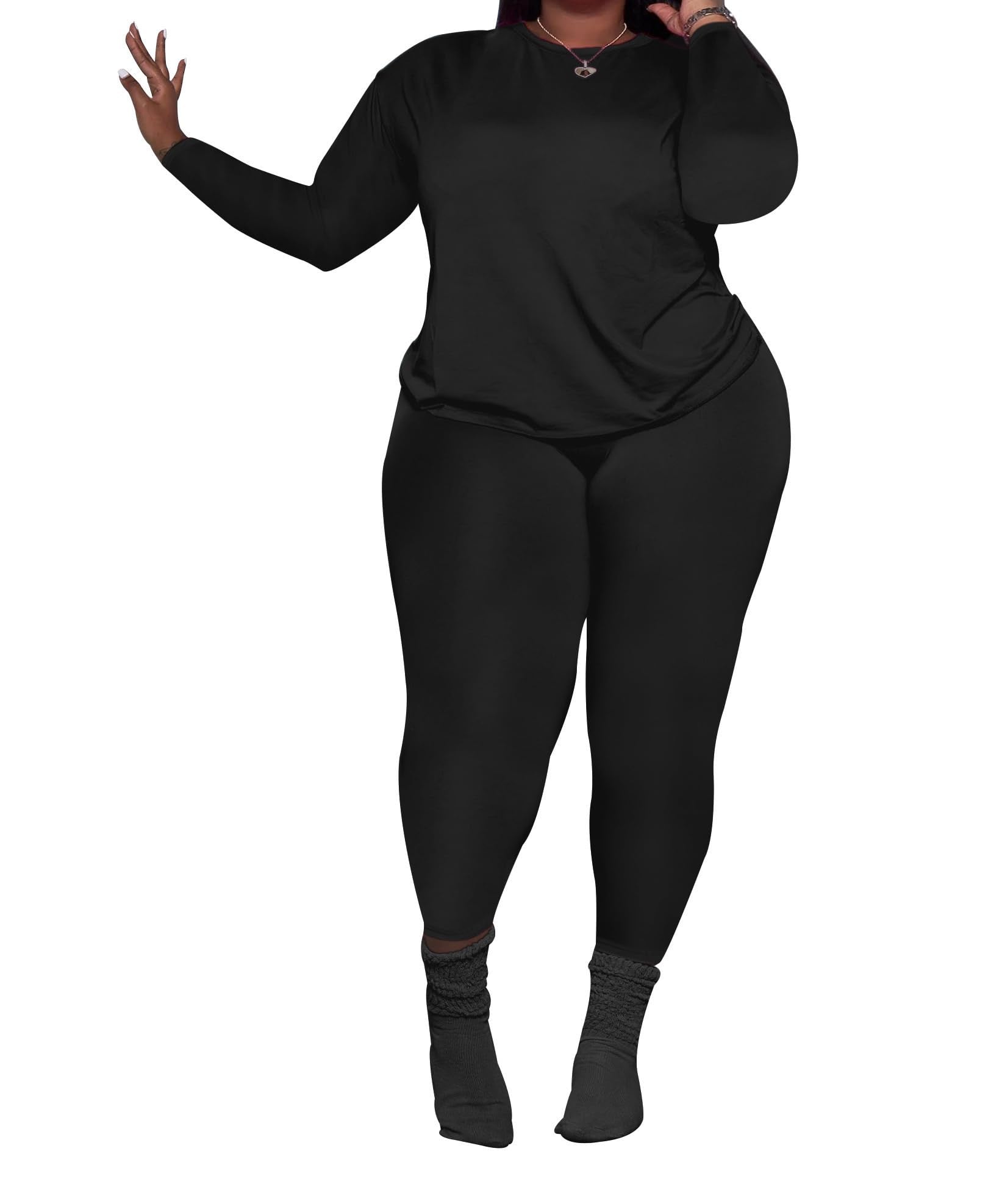 PINSV Women's Plus Size 2 Piece Outfits Tracksuits Long Sleeve Top Pants Sets Sweatsuit