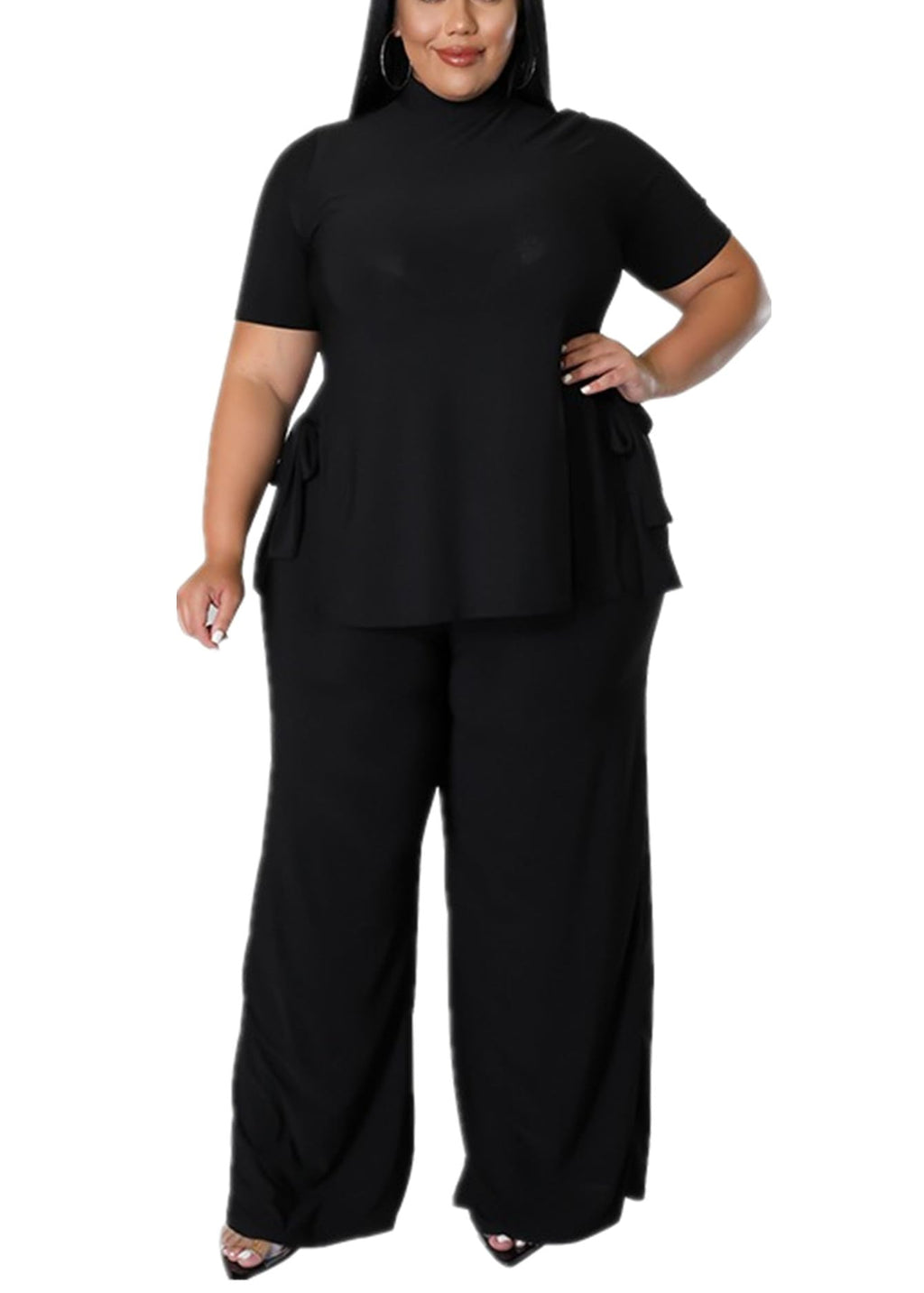 MRSFITOK Wide Leg 2 Piece Outfits for Women Sweatsuit Sexy Short Sleeve Split Shirt Pant Set Casual Tracksuits
