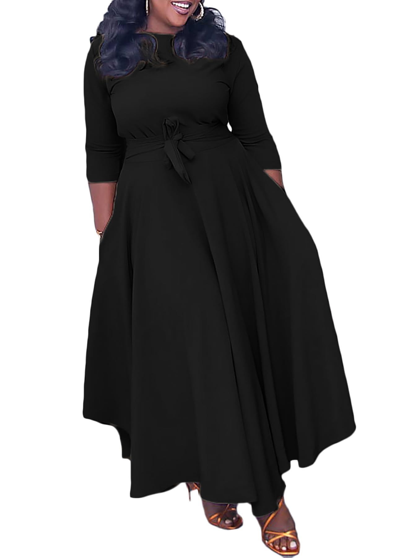 Baczoe Plus Size Dress for Curvy Women Stretch Self Tie A-Line Maxi Dress with Pockets Swing Long Outfit